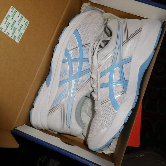 NEW 9.5M LADIES ASCIS GEL CONTEND 4 WHITE/BLUE BELL RUNNING SNEAKERS - Picture 2 of 11
